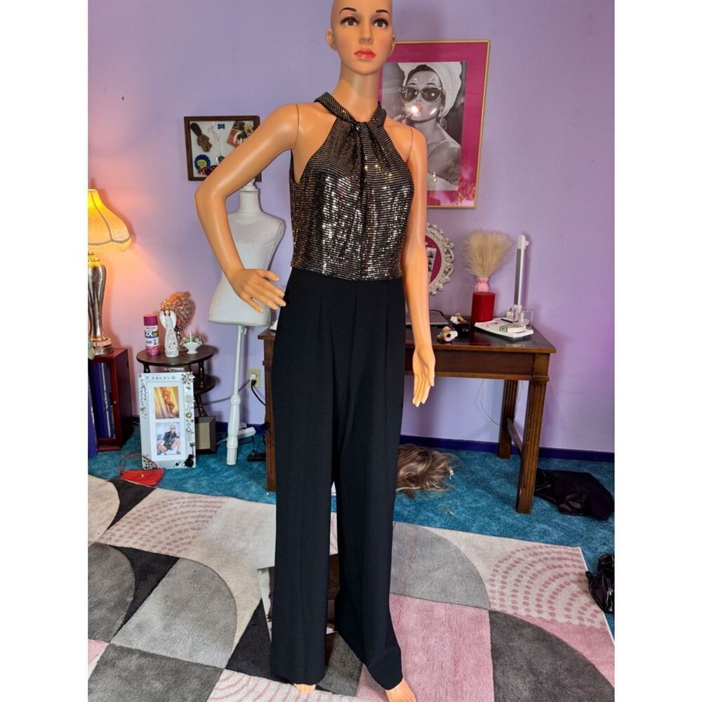 Sequin Halter Jumpsuit in Black and Bronze Gold